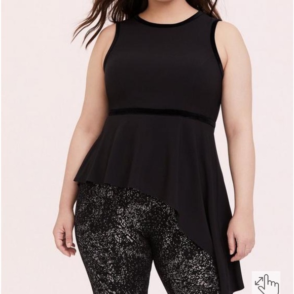 Black Crepe & Velvet Trim Asymmetrical Peplum Top - Picture 3 of 6